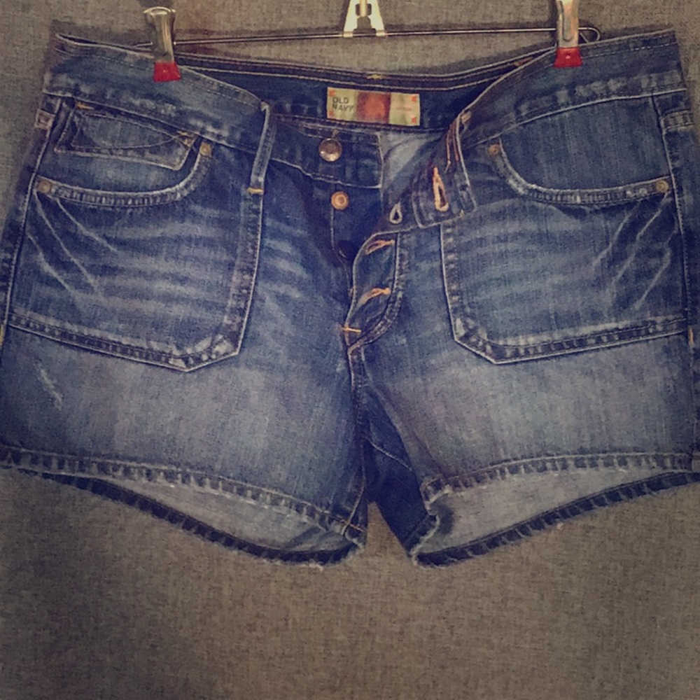 Distressed denim button-fly shorts, size 12